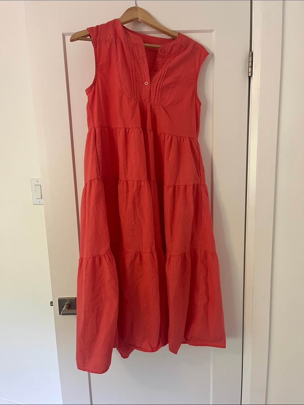Sleeveless Tiered Coral Linen Midi Dress